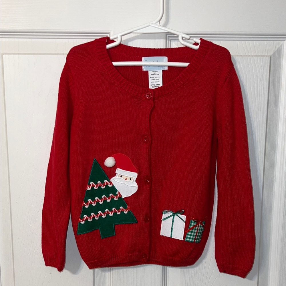Funtasia Christmas Festive Red Cardigan with Santa and Tree Appliqué